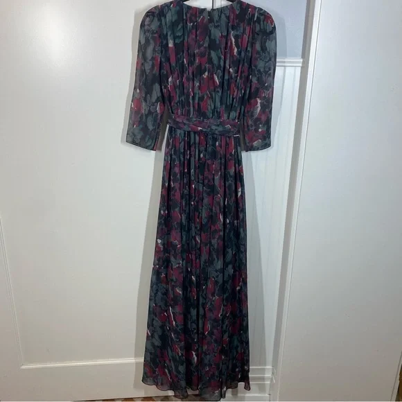 Badgley‎ Mischka Pleated Floral Gown Size 4 Gray Black Burgundy formal wedding